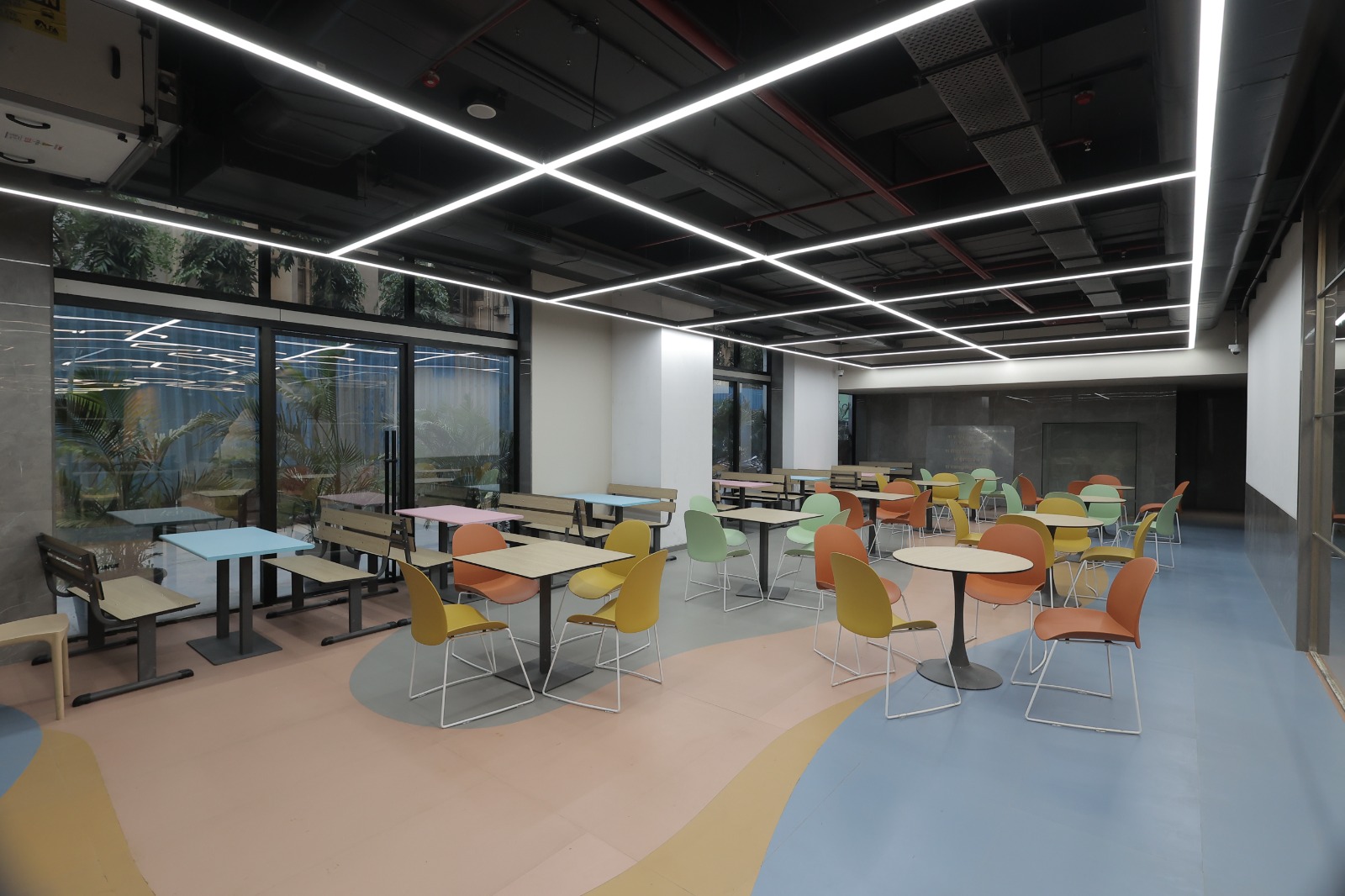 Colourful school cafeteria interior at Bunts Sangha School, Borivali